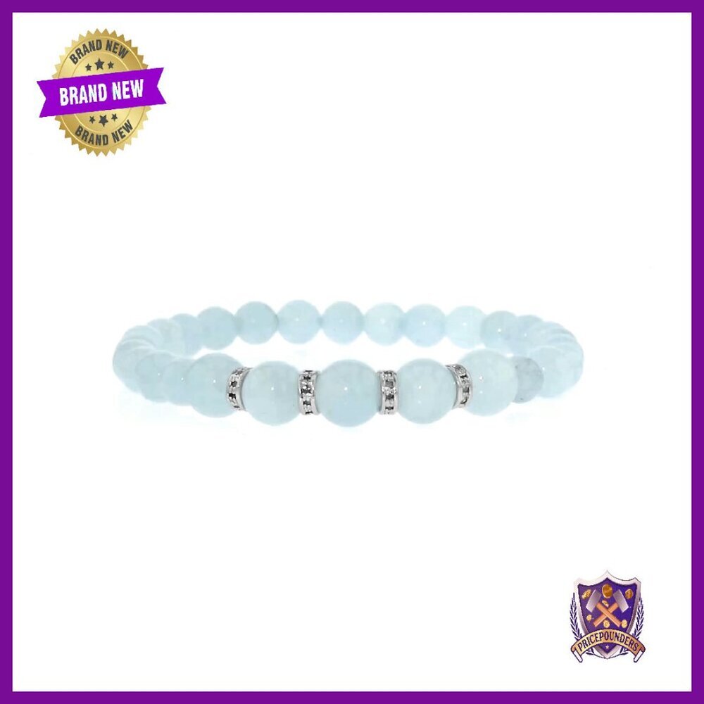 Sterling Silver Diamond Aquamarine Stretch Bracelet 8 Inch - Picture 6 of 6